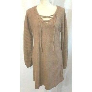 Miss Sparkling Womens Khaki Laced‎ V-Neckline Long Sleeve Ribbed Sweater Dress